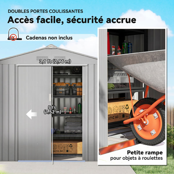 Abri de Jardin 2,5 m² - Remise pour Outils avec Kit de Fondation - Cabanon Porte Verrouillable - Dim. 213L x 130l x 185H cm - Tôle d'Acier Gris