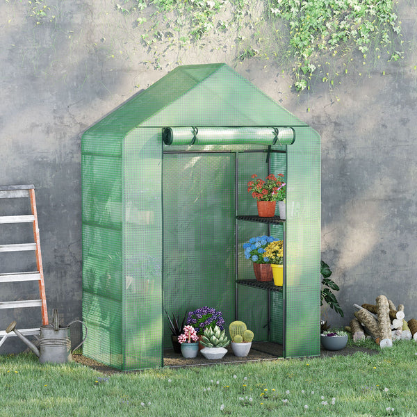 Serre de Jardin avec Étagères 3 Niveaux, Petite Serre de Balcon en Bâche PE 140 g/㎡ Renforcée et Châssis Acier, pour Légumes et Fleurs, Intérieur et Extérieur, 141 x 72 x 191 cm, Vert