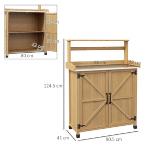 Table de rempotage table de jardinage style rustique avec placard et étagères et plateau galvanisé patins antidérapants en bois sapin pré-huilé dim. 90,5L x 41l x 124,5H cm jaune