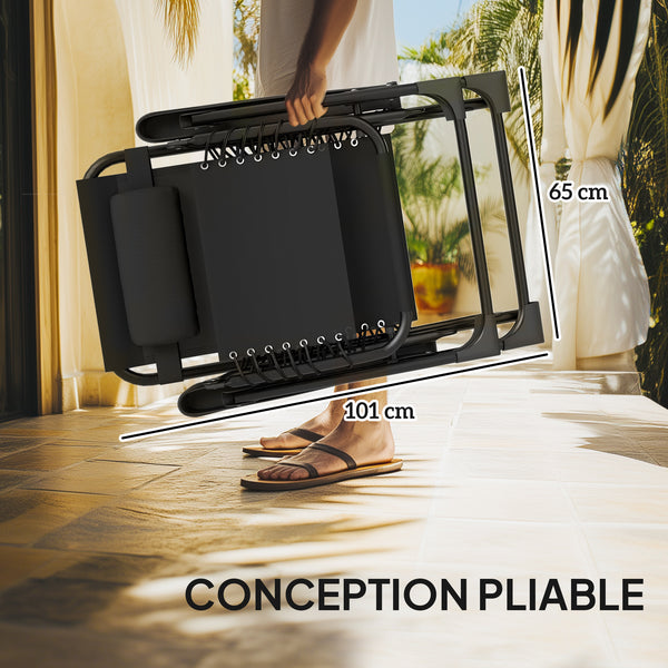 Lot de 2 chaise longue gravité zéro - ensemble transat 3 pièces avec table d'appoint et porte-gobelets - bain de soleil pliable, dossier réglable et appui-tête pour terrasse, piscine, noir