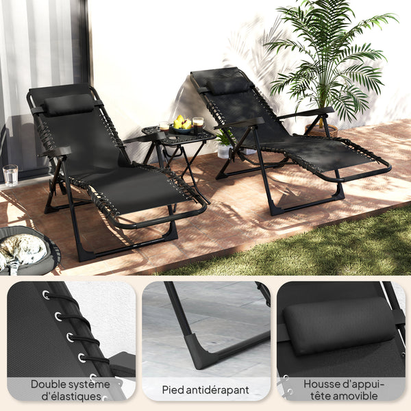 Lot de 2 chaise longue gravité zéro - ensemble transat 3 pièces avec table d'appoint et porte-gobelets - bain de soleil pliable, dossier réglable et appui-tête pour terrasse, piscine, noir
