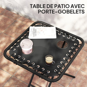 Lot de 2 chaise longue gravité zéro - ensemble transat 3 pièces avec table d'appoint et porte-gobelets - bain de soleil pliable, dossier réglable et appui-tête pour terrasse, piscine, noir