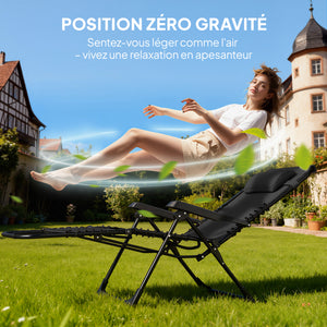 Lot de 2 chaise longue gravité zéro - ensemble transat 3 pièces avec table d'appoint et porte-gobelets - bain de soleil pliable, dossier réglable et appui-tête pour terrasse, piscine, noir