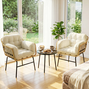 Salon de Jardin Extérieur 3 Pièces en Résine Tressée, Table Basse en Verre Trempé, 2 Fauteuils avec 2 Coussins, Mobilier de Jardin pour Balcon Terrasse Patio, Kaki