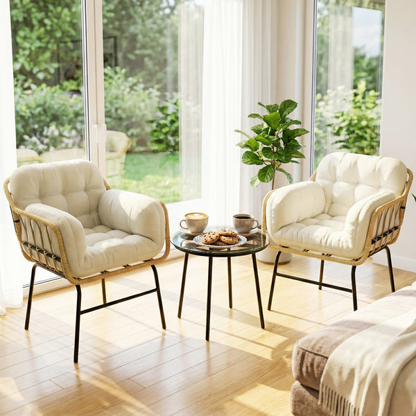 Salon de Jardin Extérieur 3 Pièces en Résine Tressée, Table Basse en Verre Trempé, 2 Fauteuils avec 2 Coussins, Mobilier de Jardin pour Balcon Terrasse Patio, Kaki