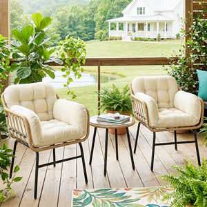 Salon de Jardin Extérieur 3 Pièces en Résine Tressée, Table Basse en Verre Trempé, 2 Fauteuils avec 2 Coussins, Mobilier de Jardin pour Balcon Terrasse Patio, Kaki