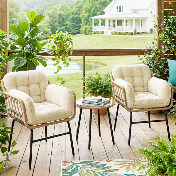 Salon de Jardin Extérieur 3 Pièces en Résine Tressée, Table Basse en Verre Trempé, 2 Fauteuils avec 2 Coussins, Mobilier de Jardin pour Balcon Terrasse Patio, Kaki