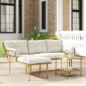 Salon de jardin exterieur 4 personnes 3 pièces avec 1 table basse coussins grand confort inclus résine tressée crème