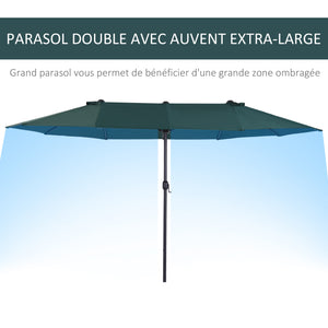Parasol de jardin exterieur parasol double rectangulaire 4,6L x 2,7l x 2,4H m avec ouverture fermeture manivelle, cadre en acier, toile 180 g/m², parasol pour balcon, piscine, vert