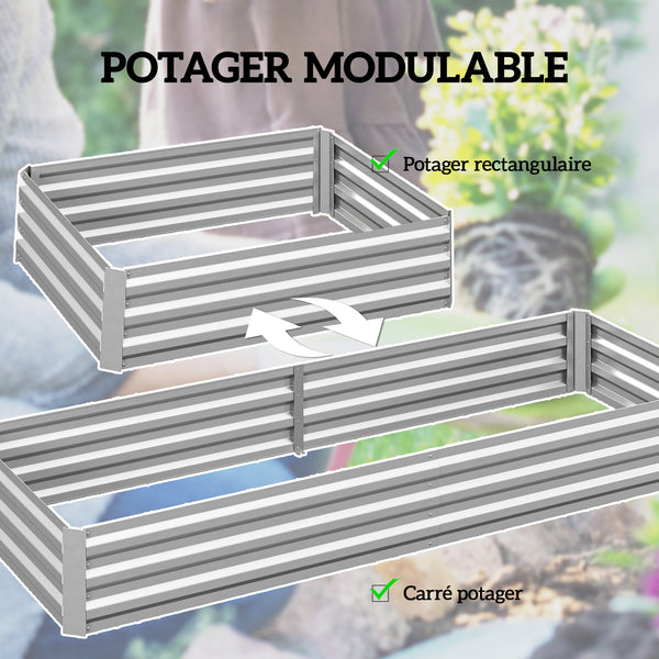 Carré Potager en Métal Modulable - Potager Surélevé 241x90,5x30cm en Acier Galvanisé - Jardinière Extérieur Anti-Rouille pour Légumes et Fleurs, Argent