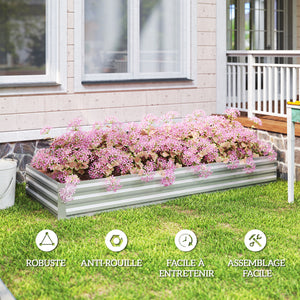 Carré Potager en Métal Modulable - Potager Surélevé 241x90,5x30cm en Acier Galvanisé - Jardinière Extérieur Anti-Rouille pour Légumes et Fleurs, Argent