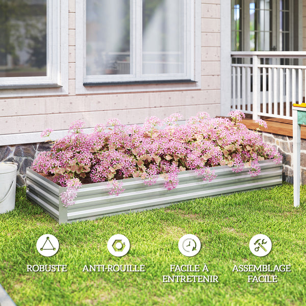 Carré Potager en Métal Modulable - Potager Surélevé 241x90,5x30cm en Acier Galvanisé - Jardinière Extérieur Anti-Rouille pour Légumes et Fleurs, Argent