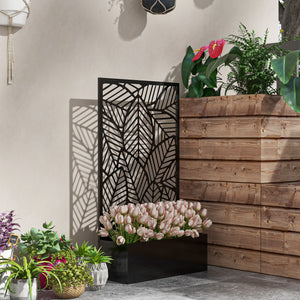 Jardinière avec treillis, brise-vue paravent, jardinière extérieure métal sur pieds ou murale, motif de grandes feuilles, bac à fleurs rectangulaire balcon terrasse, 61x23x113cm, noir