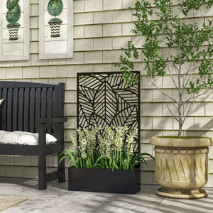Jardinière avec treillis, brise-vue paravent, jardinière extérieure métal sur pieds ou murale, motif de grandes feuilles, bac à fleurs rectangulaire balcon terrasse, 61x23x113cm, noir