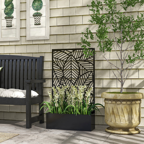 Jardinière avec treillis, brise-vue paravent, jardinière extérieure métal sur pieds ou murale, motif de grandes feuilles, bac à fleurs rectangulaire balcon terrasse, 61x23x113cm, noir