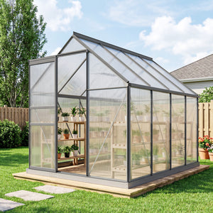 Serre de Jardin 4,8 m² en Aluminium Polycarbonate avec Fondation, 190 x 253 x 199 cm, Serre avec Fenêtre Réglable et Porte Coulissante, Abri Extérieur Résistant aux Intempéries, Gris Foncé