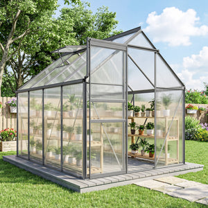 Serre de Jardin 4,8 m² en Aluminium Polycarbonate avec Fondation, 190 x 253 x 199 cm, Serre avec Fenêtre Réglable et Porte Coulissante, Abri Extérieur Résistant aux Intempéries, Gris Foncé