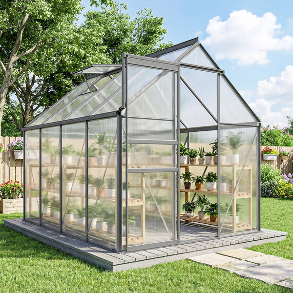 Serre de Jardin 4,8 m² en Aluminium Polycarbonate avec Fondation, 190 x 253 x 199 cm, Serre avec Fenêtre Réglable et Porte Coulissante, Abri Extérieur Résistant aux Intempéries, Gris Foncé