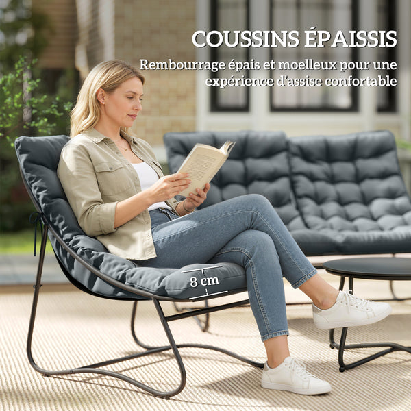 Salon de Jardin 4 Pièces avec Coussins Épais 8cm - Ensemble Mobilier Extérieur en Acier et Textilène Respirant - Table Basse en Verre Trempé pour Terrasse Balcon Moderne, Gris