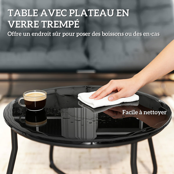 Salon de Jardin 4 Pièces avec Coussins Épais 8cm - Ensemble Mobilier Extérieur en Acier et Textilène Respirant - Table Basse en Verre Trempé pour Terrasse Balcon Moderne, Gris