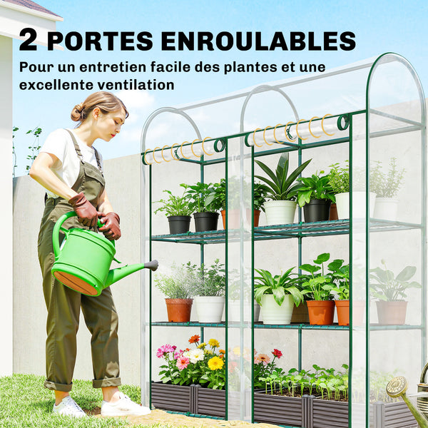 Serre de Jardin avec Étagères 3 Niveaux à Toit Arrondi, Petite Serre de Balcon en Bâche PVC et Châssis Acier, 2 Portes Roulantes, pour Légumes Plantes Fleurs, 143 x 46 x 165 cm, Transparent