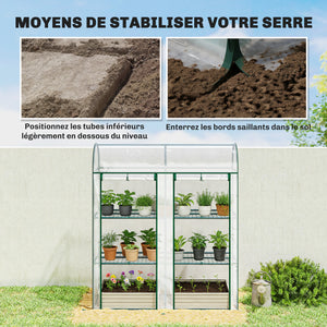 Serre de Jardin avec Étagères 3 Niveaux à Toit Arrondi, Petite Serre de Balcon en Bâche PVC et Châssis Acier, 2 Portes Roulantes, pour Légumes Plantes Fleurs, 143 x 46 x 165 cm, Transparent