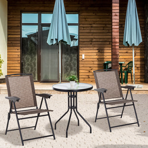 Ensemble de Jardin 3 pièces 2 chaises inclinables Multi-Positions Pliables + Table Ronde Verre trempé métal textilène Chocolat