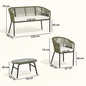 Salon de Jardin Extérieur 4 Places - PP Rond Tressé avec Canapé 2 Places, 2 Fauteuils et Table Basse Verre Trempé - Mobilier de Jardin pour Balcon Terrasse avec Coussins Déhoussables, Crème