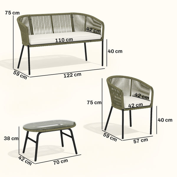 Salon de Jardin Extérieur 4 Places - PP Rond Tressé avec Canapé 2 Places, 2 Fauteuils et Table Basse Verre Trempé - Mobilier de Jardin pour Balcon Terrasse avec Coussins Déhoussables, Crème