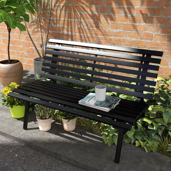 Banc de jardin banquette extérieur 2 Places Assise Dossier à Lattes, en aluminium, dim. 123L x 67l x 79H cm, noir