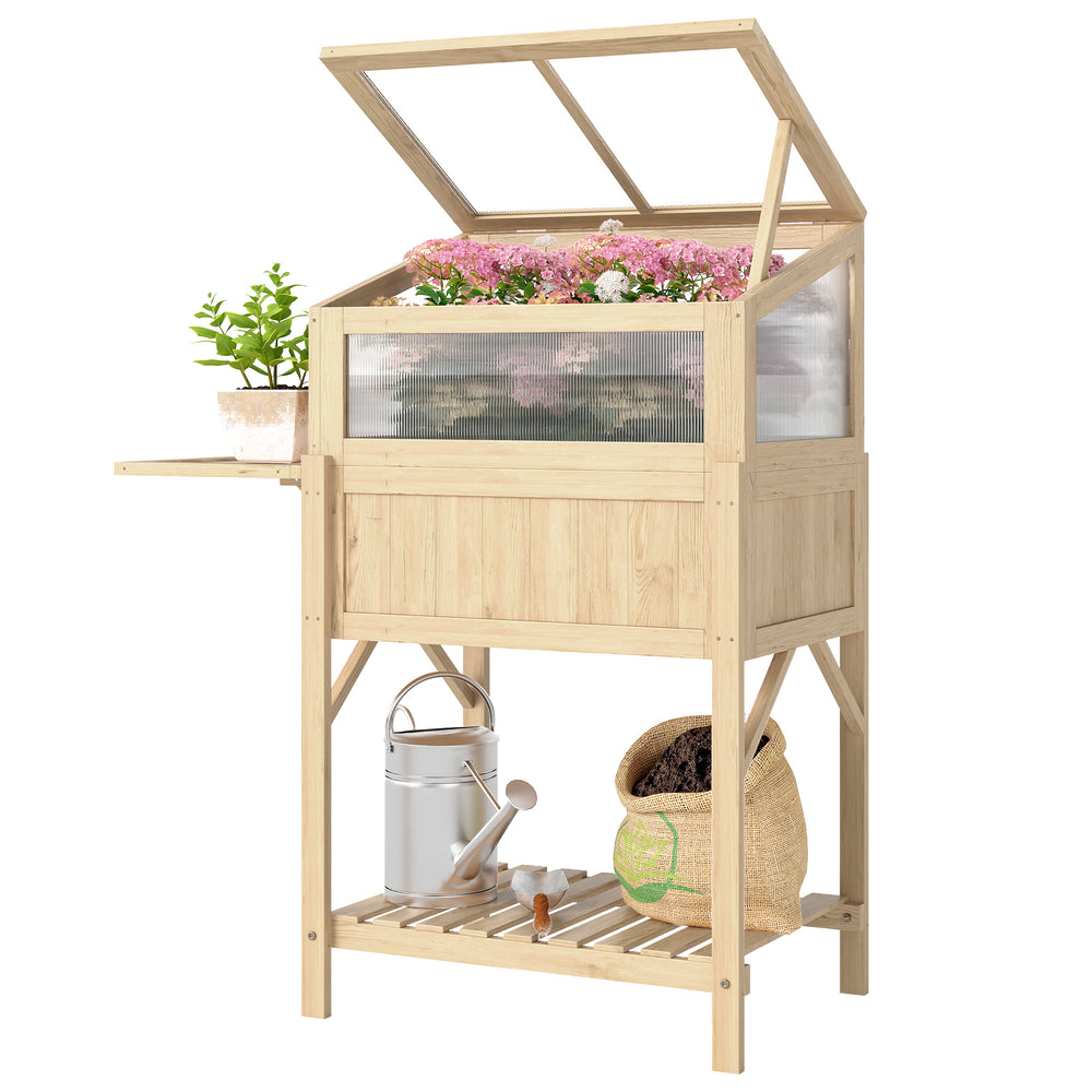 Carré potager sur pieds avec serre, jardinière surélevée en bois avec table latérale pliante et étagère de rangement, pour légumes, fleurs, herbes, 104 x 50 x 120 cm, bois naturel
