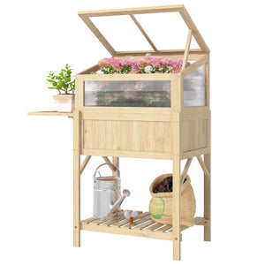 Carré potager sur pieds avec serre, jardinière surélevée en bois avec table latérale pliante et étagère de rangement, pour légumes, fleurs, herbes, 104 x 50 x 120 cm, bois naturel