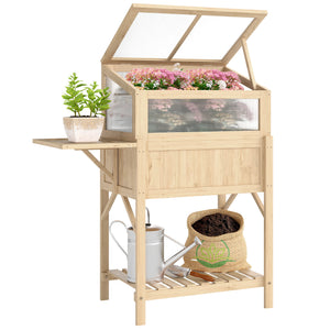 Carré potager sur pieds avec serre, jardinière surélevée en bois avec table latérale pliante et étagère de rangement, pour légumes, fleurs, herbes, 104 x 50 x 120 cm, bois naturel