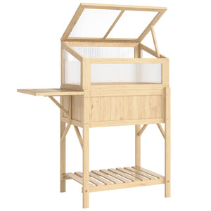 Carré potager sur pieds avec serre, jardinière surélevée en bois avec table latérale pliante et étagère de rangement, pour légumes, fleurs, herbes, 104 x 50 x 120 cm, bois naturel