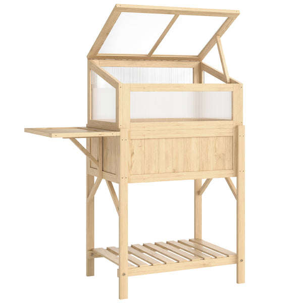Carré potager sur pieds avec serre, jardinière surélevée en bois avec table latérale pliante et étagère de rangement, pour légumes, fleurs, herbes, 104 x 50 x 120 cm, bois naturel