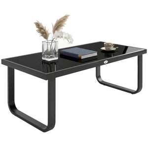 Table Basse de Jardin Rectangulaire, Pieds Incurvés, Plateau en Verre Trempé, Table d'Appoint pour Terrasse Balcon Jardin, 90x45x33cm, Noir