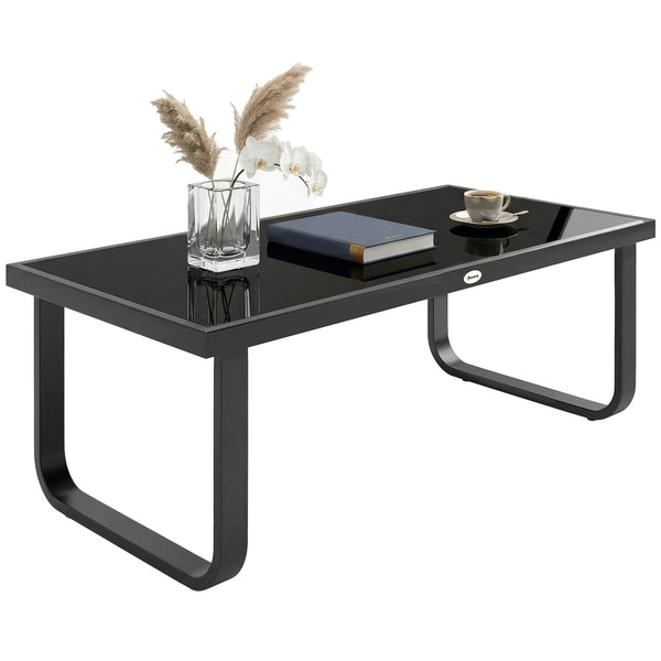 Table Basse de Jardin Rectangulaire, Pieds Incurvés, Plateau en Verre Trempé, Table d'Appoint pour Terrasse Balcon Jardin, 90x45x33cm, Noir