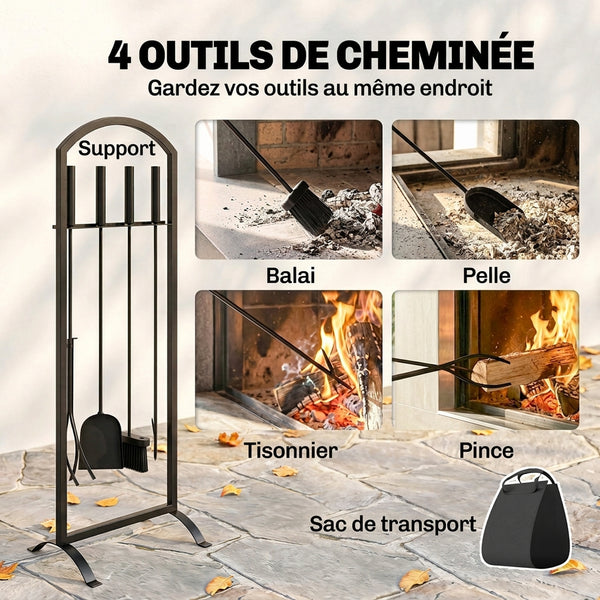 Serviteur de Cheminée 6 Pièces - Ensemble Outils de Cheminée avec Sac à Bûches, Brosse, Pelle, Tisonnier, Pince et Support - pour Intérieur, Extérieur, Maison, Jardin, Noir