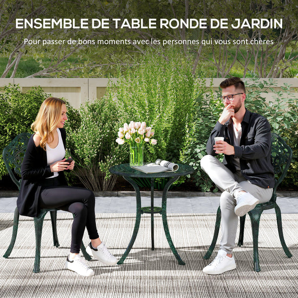 Ensemble bistrot pour jardin en aluminium salon de jardin 3 pièces 2 chaises + 1 table ronde imitation fer forgé vert