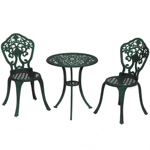 Ensemble bistrot pour jardin en aluminium salon de jardin 3 pièces 2 chaises + 1 table ronde imitation fer forgé vert