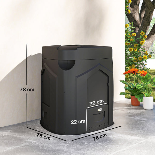 Composteur de jardin, 240L, bac à compost extérieur, triangulaire, 78 x 75 x 78 cm, en polypropylène, avec 3 Portes, 66 Aérations et Fond Ouvert, Inclus Gants et Tournevis, Noir