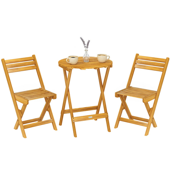 Ensemble de Bistrot 3 Pièces Pliable en Bois d'Acacia, Table Ronde 60 cm et 2 Chaises à Lattes san Montage, Salon de Jardin Extérieur pour Balcon Patio Jardin, Naturel