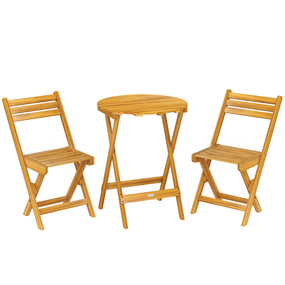 Ensemble de Bistrot 3 Pièces Pliable en Bois d'Acacia, Table Ronde 60 cm et 2 Chaises à Lattes san Montage, Salon de Jardin Extérieur pour Balcon Patio Jardin, Naturel