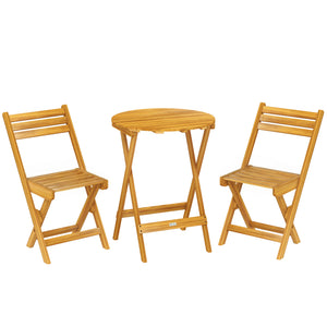 Ensemble de Bistrot 3 Pièces Pliable en Bois d'Acacia, Table Ronde 60 cm et 2 Chaises à Lattes san Montage, Salon de Jardin Extérieur pour Balcon Patio Jardin, Naturel