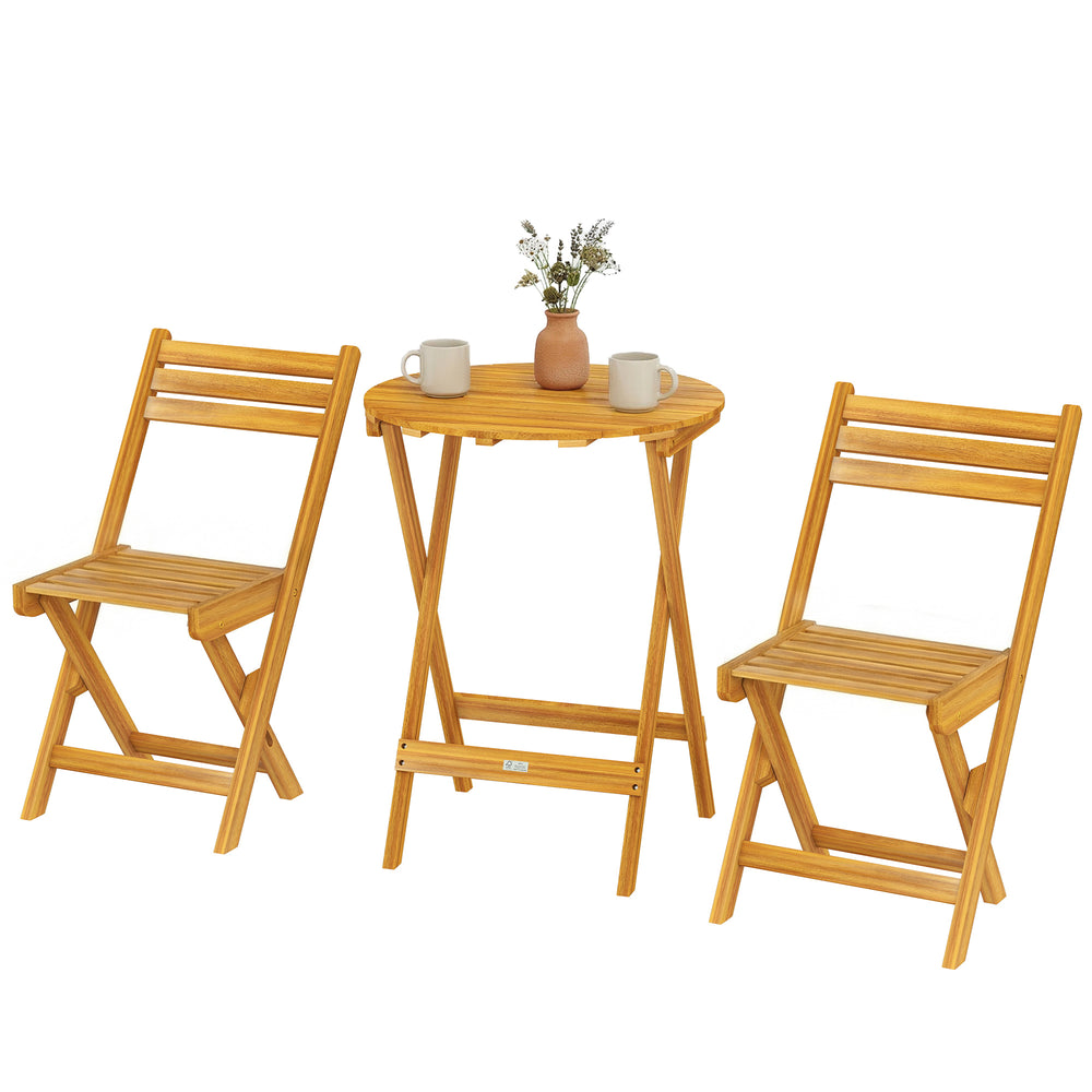 Ensemble de Bistrot 3 Pièces Pliable en Bois d'Acacia, Table Ronde 60 cm et 2 Chaises à Lattes san Montage, Salon de Jardin Extérieur pour Balcon Patio Jardin, Naturel