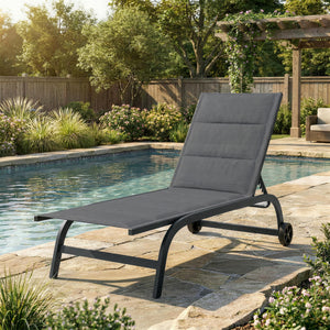 Bain de Soleil en Aluminium, Dossier Réglable 6 Positions avec Roues, Textilène 560g/m² et Rembourrage Intégré, Chaise Longue Anti-Rouille pour Terrasse Piscine Jardin Plage, Gris Foncé