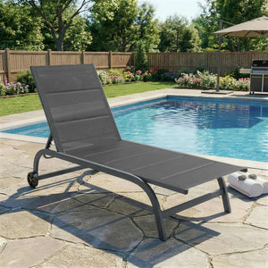 Bain de Soleil en Aluminium, Dossier Réglable 6 Positions avec Roues, Textilène 560g/m² et Rembourrage Intégré, Chaise Longue Anti-Rouille pour Terrasse Piscine Jardin Plage, Gris Foncé