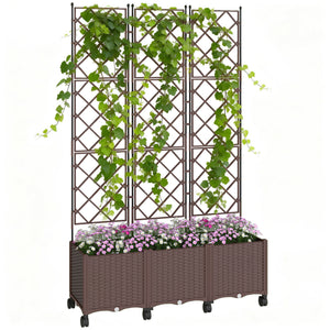 Jardinière avec treillis, bac à fleurs sur roulettes, lit surélevé en plastique avec système d'auto-arrosage, trous de drainage, pour plantes grimpantes, légumes, fleurs, 120x40x192cm, marron