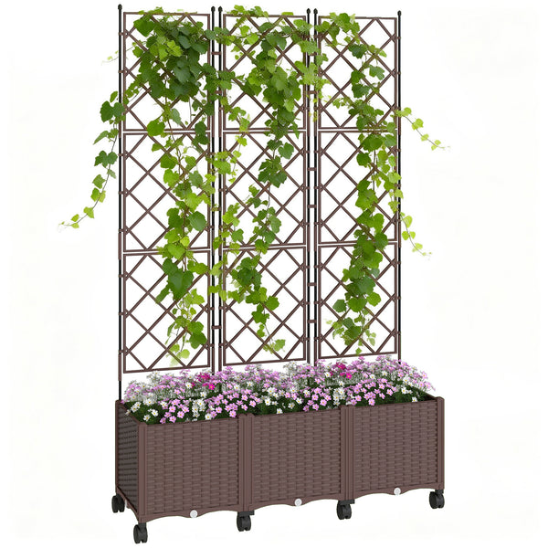 Jardinière avec treillis, bac à fleurs sur roulettes, lit surélevé en plastique avec système d'auto-arrosage, trous de drainage, pour plantes grimpantes, légumes, fleurs, 120x40x192cm, marron