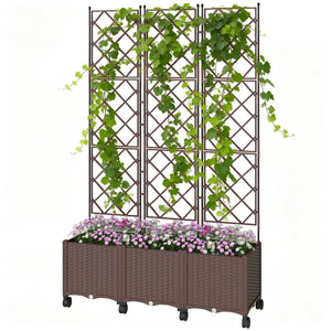 Jardinière avec treillis, bac à fleurs sur roulettes, lit surélevé en plastique avec système d'auto-arrosage, trous de drainage, pour plantes grimpantes, légumes, fleurs, 120x40x192cm, marron